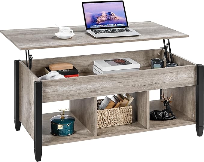 Yaheetech Gray Coffee Table, 47.5in Lift Top Coffee Table with Storage Hidden Compartment and 3 Open Shelves, Wooden Rustic Rising Center Table for Living Room