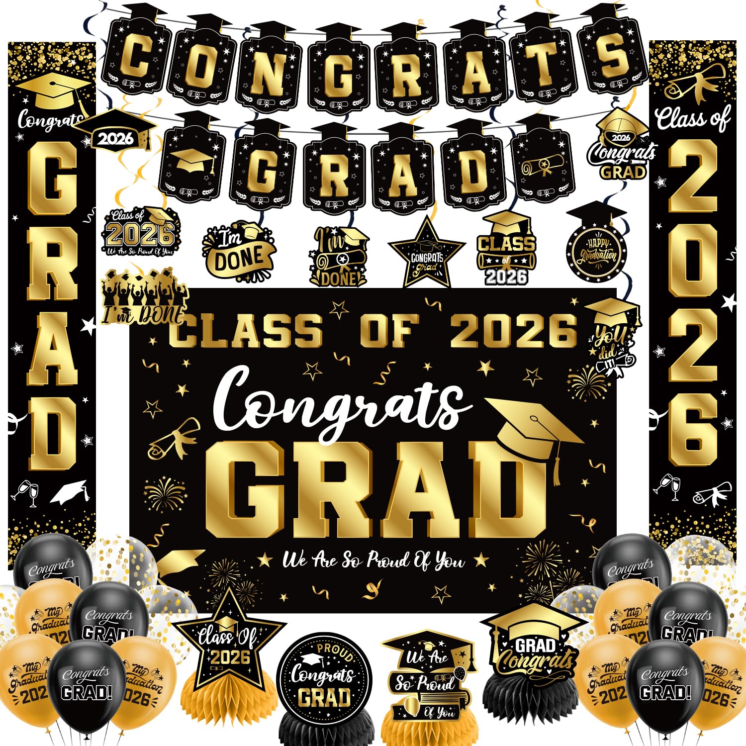 Graduation Decorations 2026 Set Black Gold