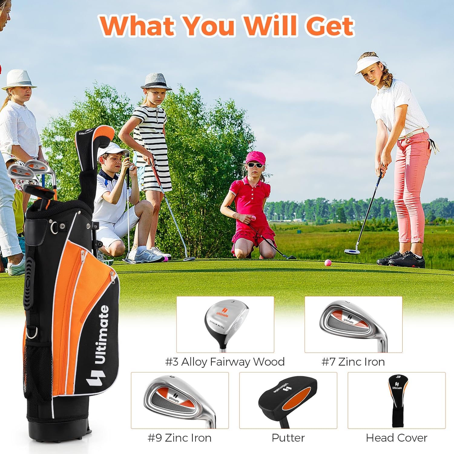 Image showing a junior golfer on a course with the GYMAX golf bag, and insets detailing the #3 Fairway Wood, #7 Zinc Iron, #9 Zinc Iron, Putter, and Head Cover.