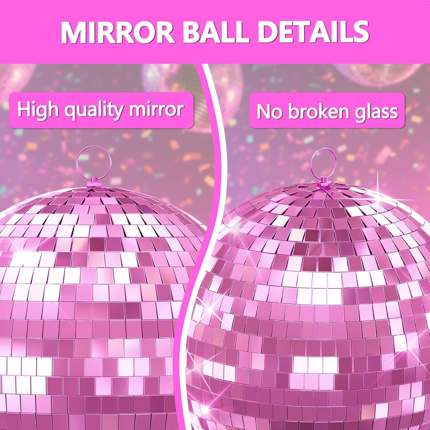 Large Disco Ball with Hanging Ring, Disco Ball Decor with 20pcs Replacement Mirror for DJ Club, Party, Wedding, Home Decor, Live Stage for Easy Installation Pink 16inch