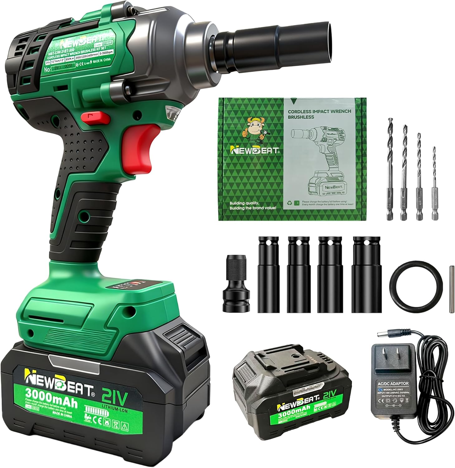 Brushless Cordless Impact Wrench, 550N.m (400 ft-lbs) 1/2" Impact Gun, 2-in-1 Power Drill Combo Kit with 1×Battery, 3-Speed & 4 Sockets and Adapter for Car Tires, Home DIY Tool