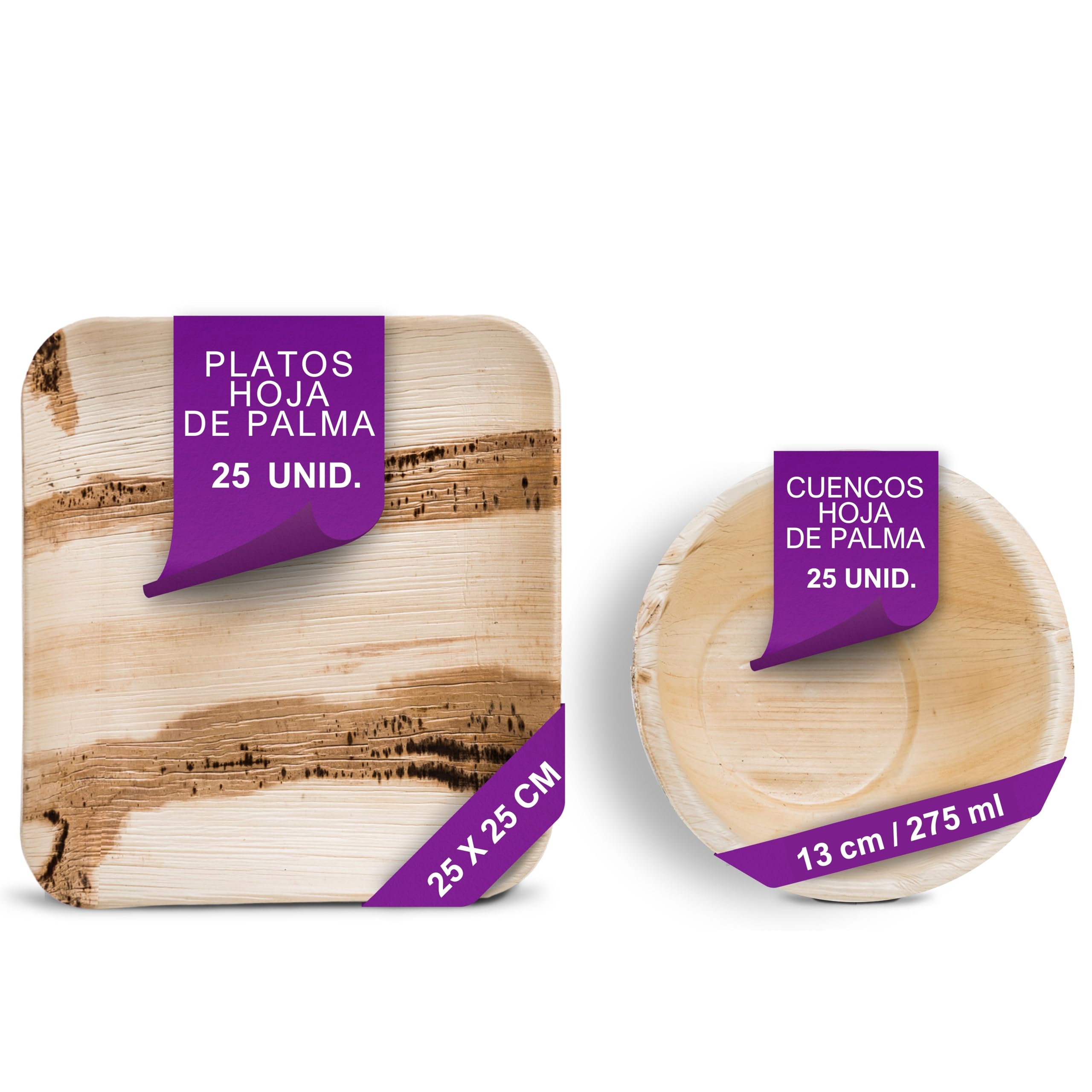 Vajilla Desechable de Hoja de Palma Orgánicos - 25 Platos Cuadrados 25x25 cm y 25 Cunecos Ø 13 cm/ 275
