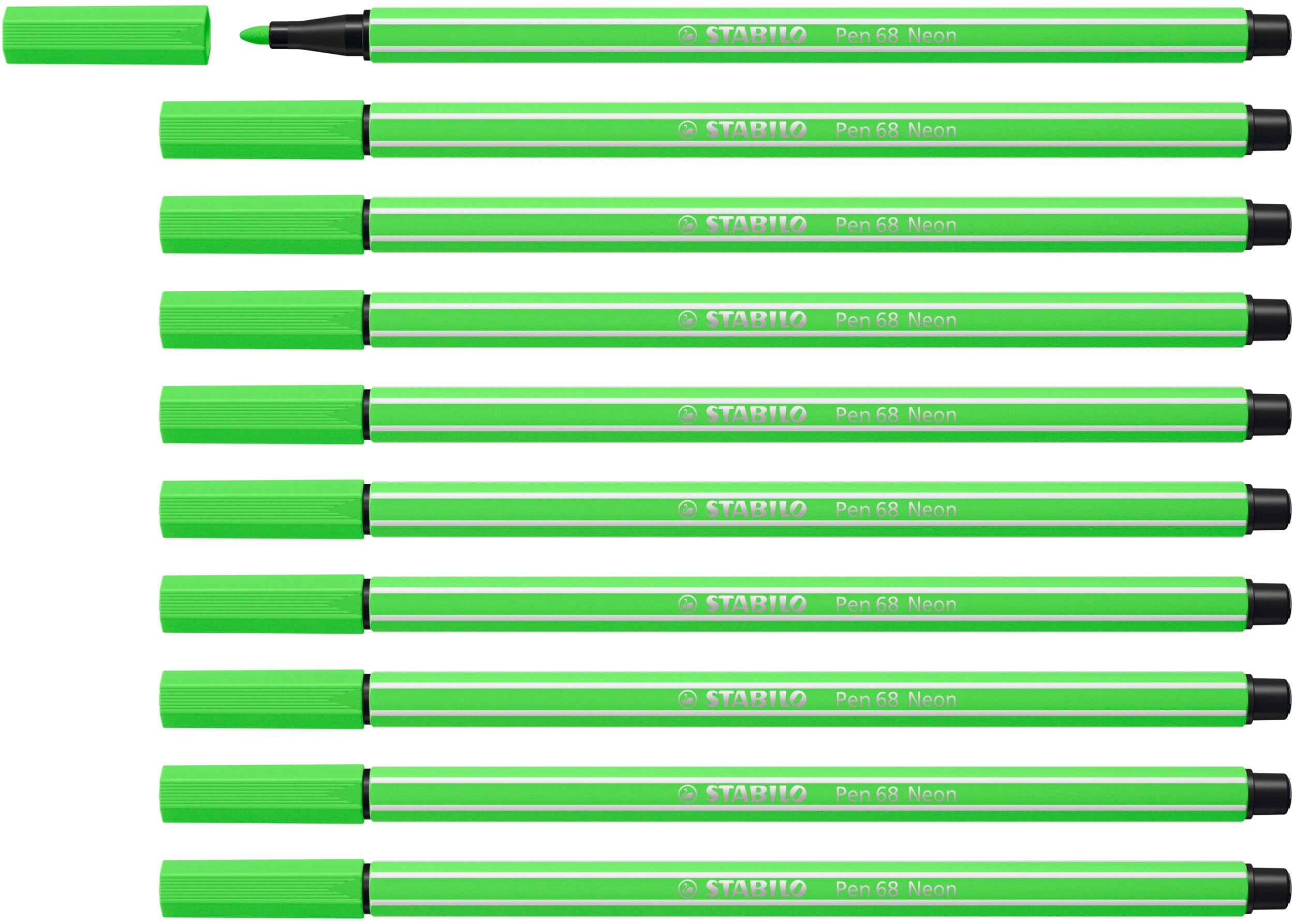 STABILO Pen 68 - Premium Fibre-Tip Pen - Pack of 10 - Neon Green
