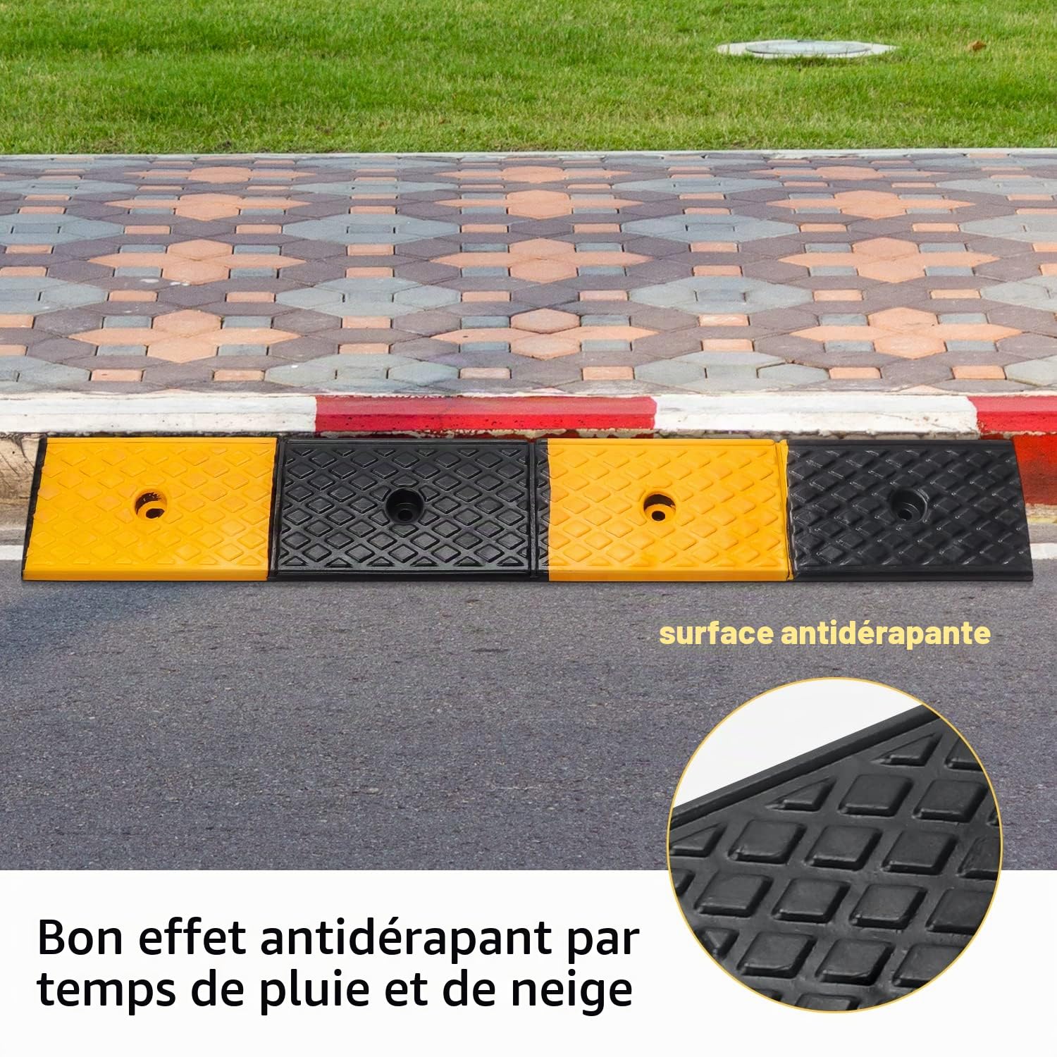 uyoyous Rampe de trottoir en caoutchouc de 5 cm de haut - Rampe de seuil de porte - Rampe d'accès - Rampe en caoutchouc pour allée, trottoir, moto, scooter, voiture, 100 x 15 x 5 cm, jaune + noir