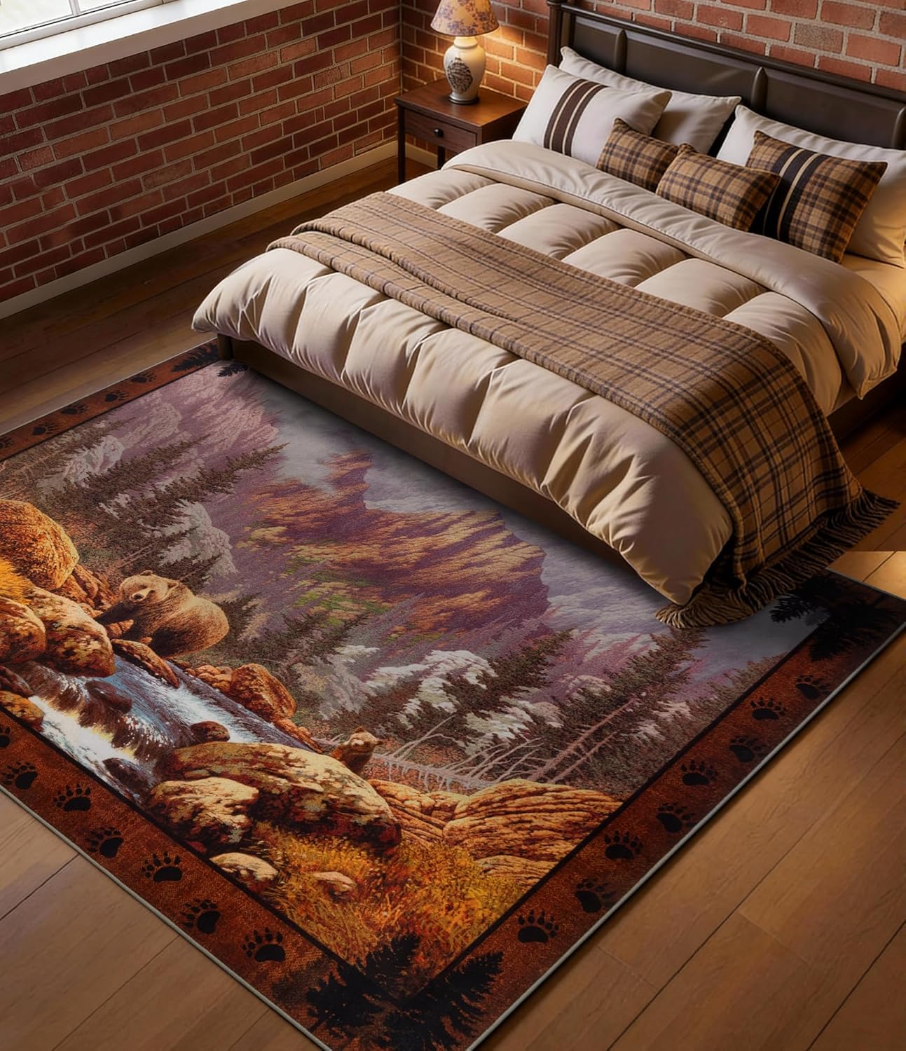 YIHOUSE Rustic Cabin Area Rug for Bedroom 5x7,Machine Washable Woodland Bear Rug,Non-Slip Low Pile Print Pattern Mountain Rug for Living Room