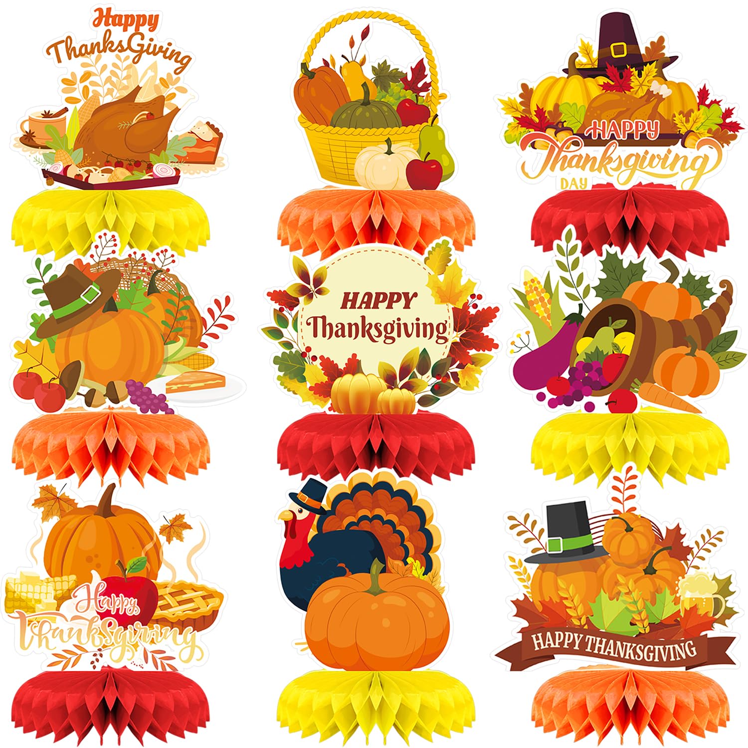 9Pcs Thanksgiving Centerpiece Fall Centerpiece Table Decorations Pumpkin Turkey Honeycomb Thanksgiving Table Centerpiece for Thanksgiving Table Decoration Autumn Theme Birthday Party Supplies