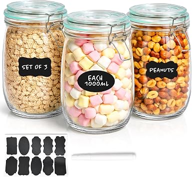 Innoteck 3 Piece Airtight Glass Storage Jar Set with Clip Lock Lids 1L / 1000ml Each   BPA-Free Clear Canisters for Oats, Pickles, Cereals, Pasta & Snacks, Includes 10 Labels & Chalk Pen
