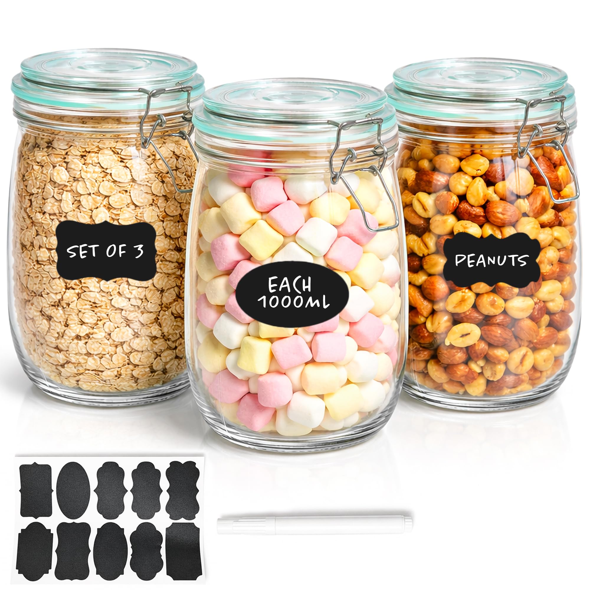 Innoteck Transparent 3 Piece Airtight Glass Storage Jar Set With Clip Lock Lids (1L / 1000Ml Each) – Bpa-Free Clear Canisters For Oats, Pickles, Cereals, Pasta & Snacks, Includes 10 Labels & Chalk Pen