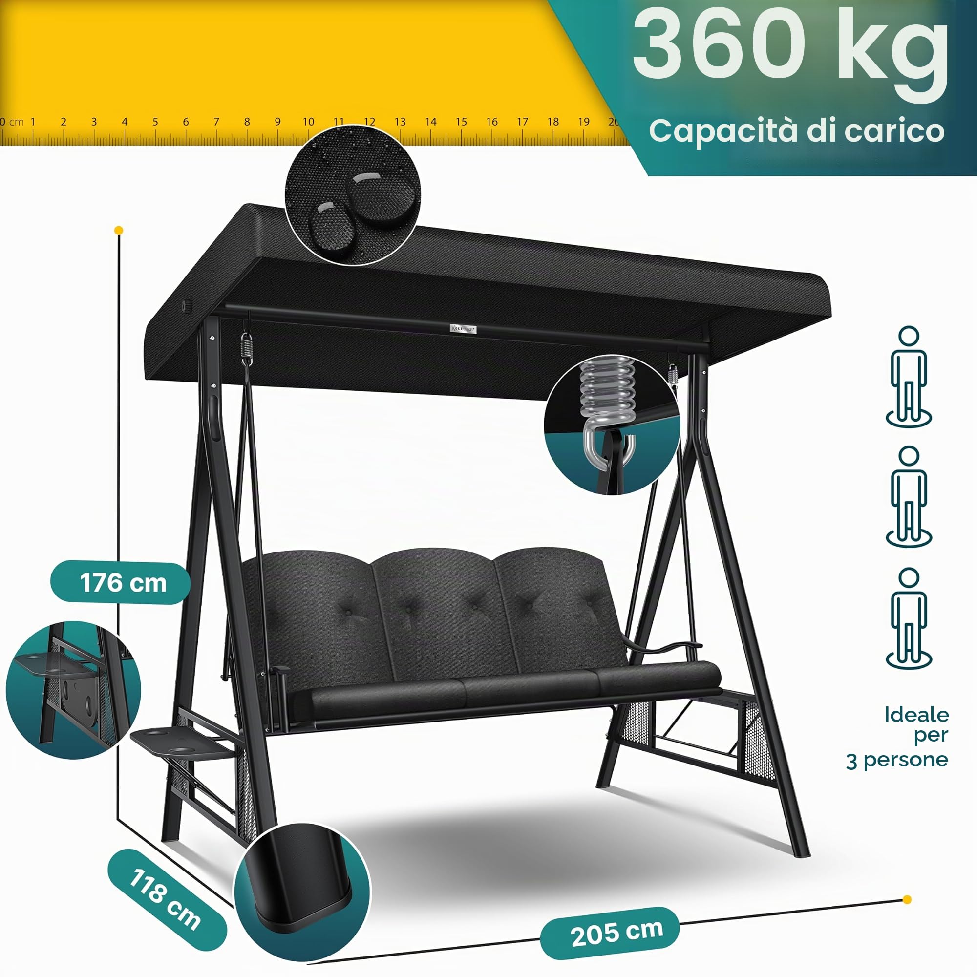 KESSER® Dondolo Hollywood con tettuccio parasole, 3 Posti, cuscino di seduta, Portata fino a 360 kg, Sdraio da Giardino con piedini antiscivolo, Uso Esterno e Interno, Idrorepellente, Nero