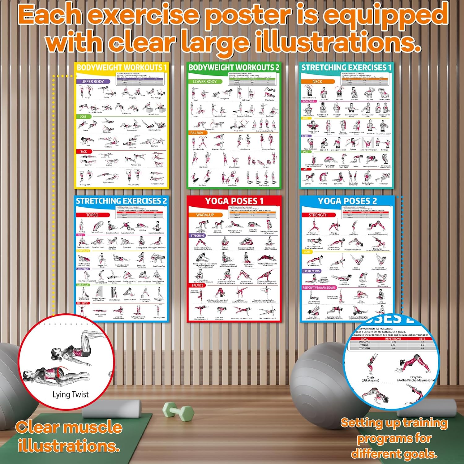 gisgfim 6PCS Workout Posters for Home Gym-Yoga Poses, Stretching and Bodyweight Exercise Charts Yoga Positions Poster Full Body Laminated Fitness Training Guide for Beginners Garage Wall Decor