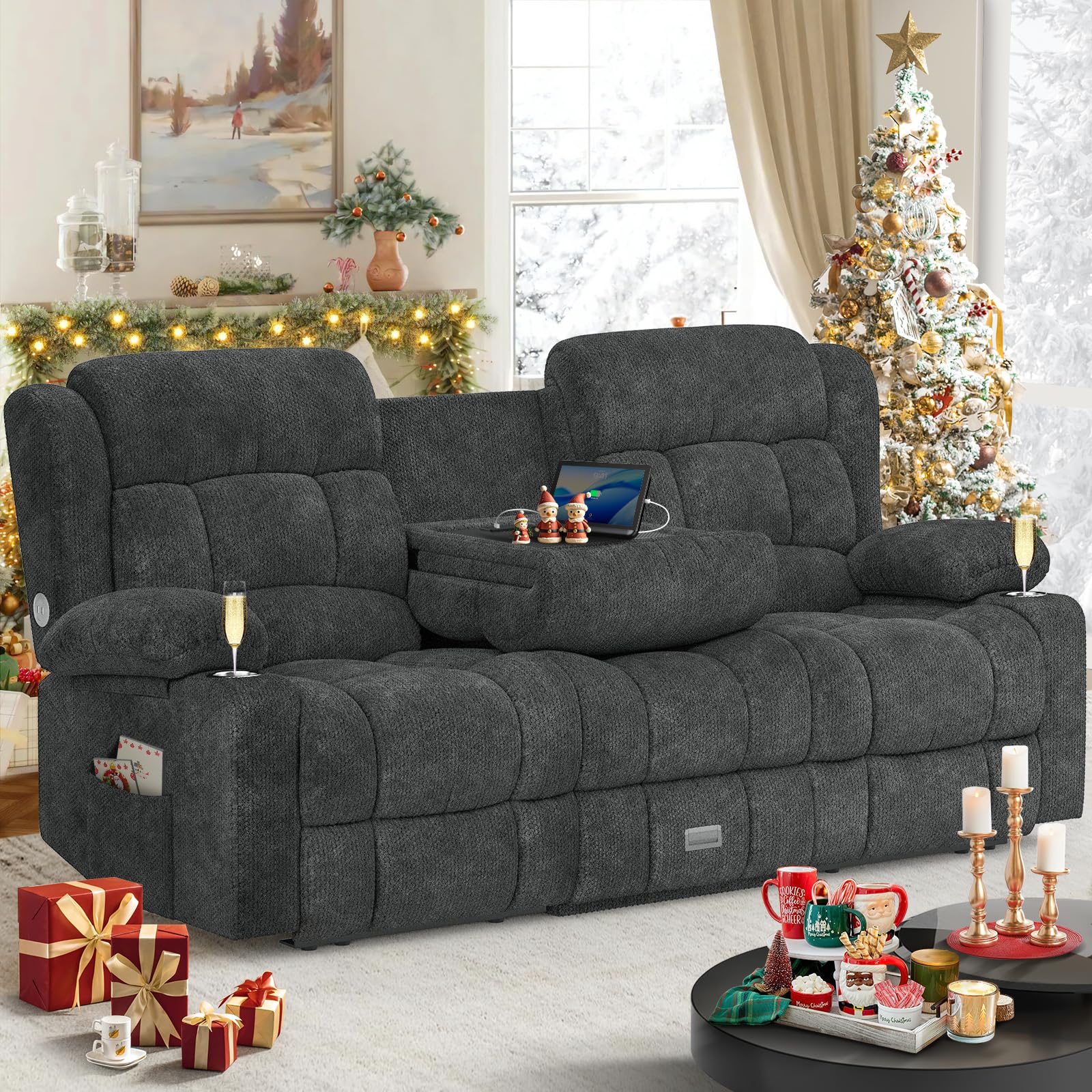Dresegmt Loveseat Recliner Sofa Gray Flip Middle Backrest 3-Seat