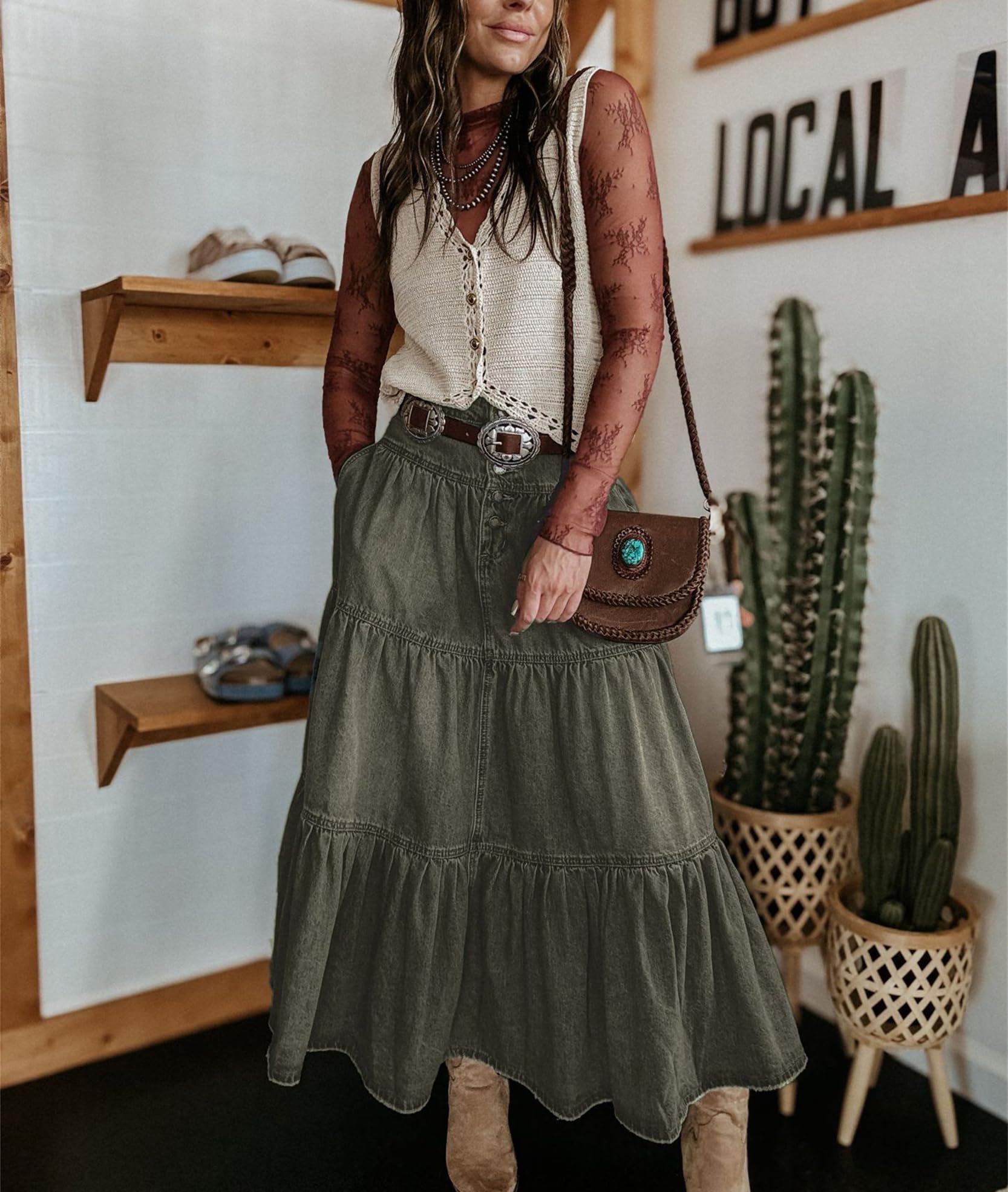 Frauen hohe Taille Langer Jeansrock Sommer-Knopffliege Stufe Rüschenschwingen fließende A-Line-Stufe mit Taschen mit Taschen