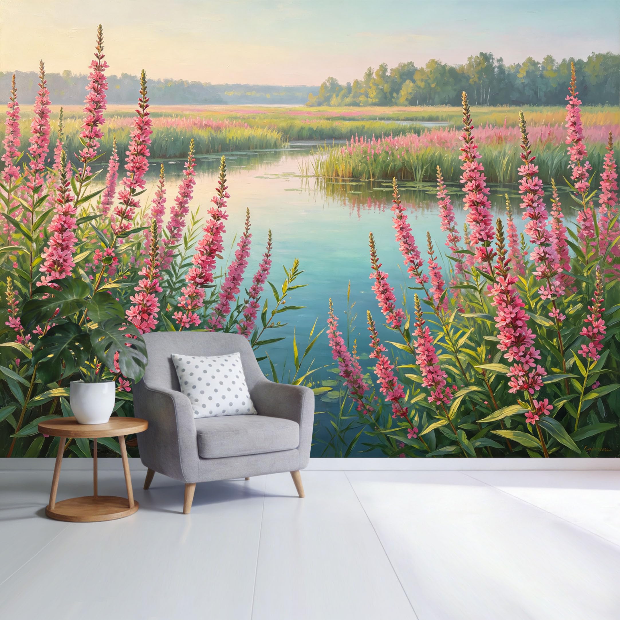 Custom Size Wall Mural Serene Lake Landscape Pink Wildflower Botanical Scene Water Reflection SelfAdhesive Wall Fabric Removable Wallpaper for Home Office Decor