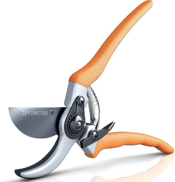 DIY Doctor Premium Garden Secateurs - Ultra Sharp Hardened Carbon Steel SK-5 with Teflon Coating - Pruning Shears - Gardening - Scissors - Stylish Orange Handle