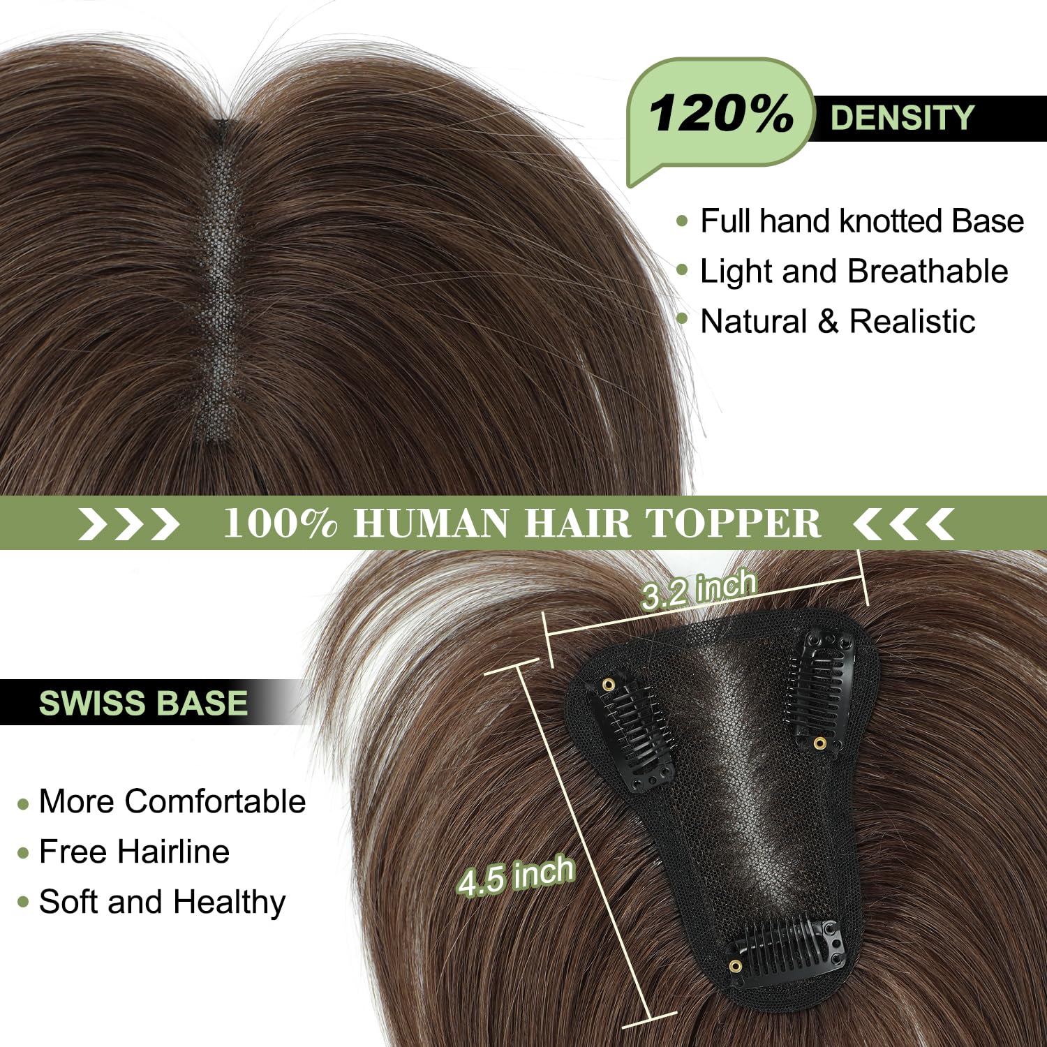 Real Human Hair Topper 28g 10in Glueless Swiss Base for Thinning Hair Amazon.com : Swiss Base Real Human Hair Toppers for Women  main image 2