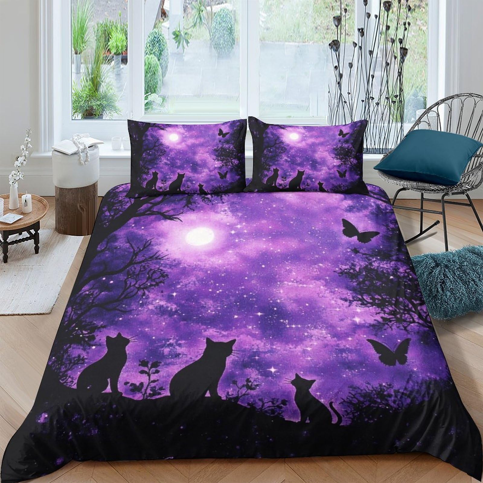 Ctjqhvkz Style-2 3D Printed Purple Moonlight Cat Fitted Sheet Microfiber Soft Breathable Night Sky Bed Cover For Bedroom Guest Room Single（135X200cm）