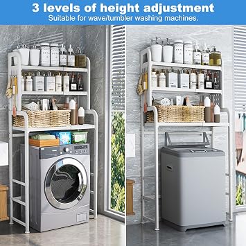 3-Tier Over Washing Machine Storage Shelf, Expandable Adjustable Height 155~185cm/Width 54~81cm Storage Rack Above The Toilet, Space-Saving Bathroom Storage Cabinet, Washer and Dryer Rack (White)