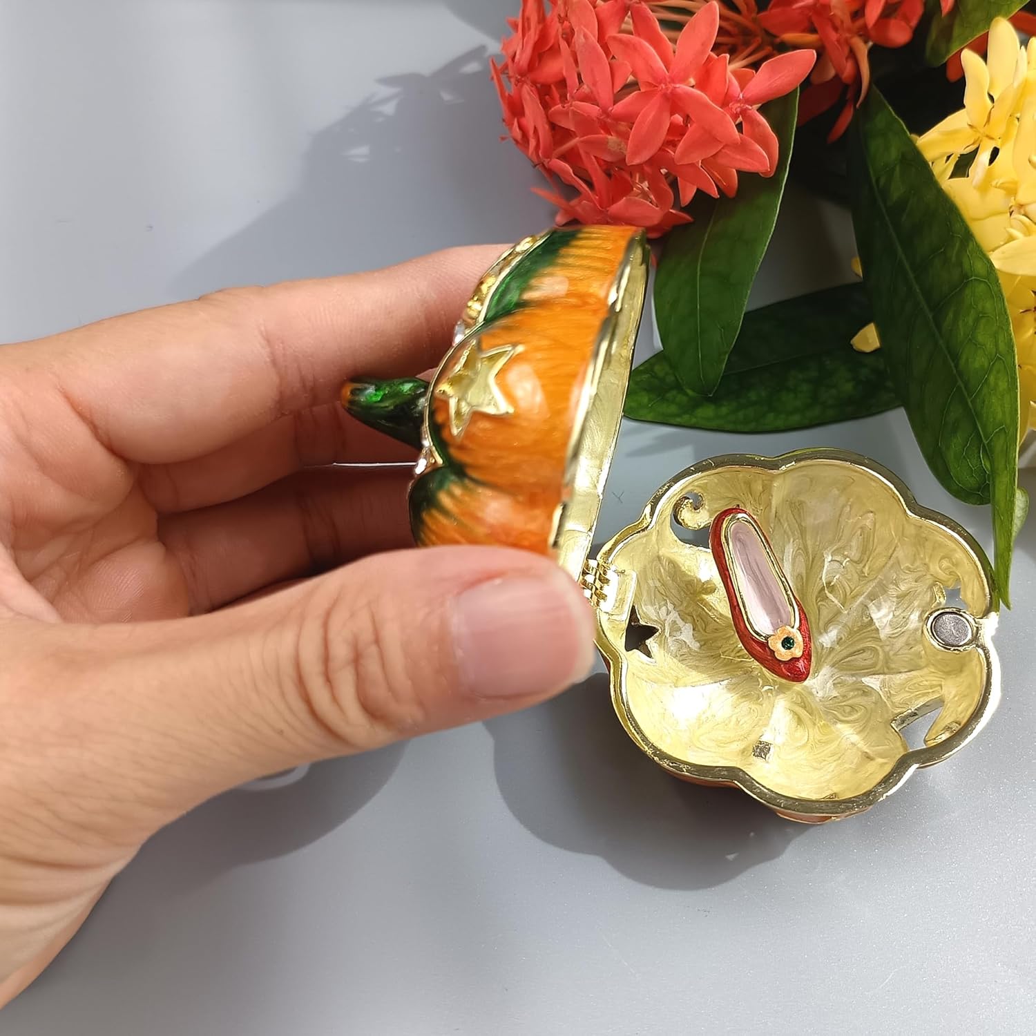 Elegant Enamel and Crystal Pumpkin Decorative Box Necklace Container Earring Trinket Box Ornamental For Home & Office Decor Orange