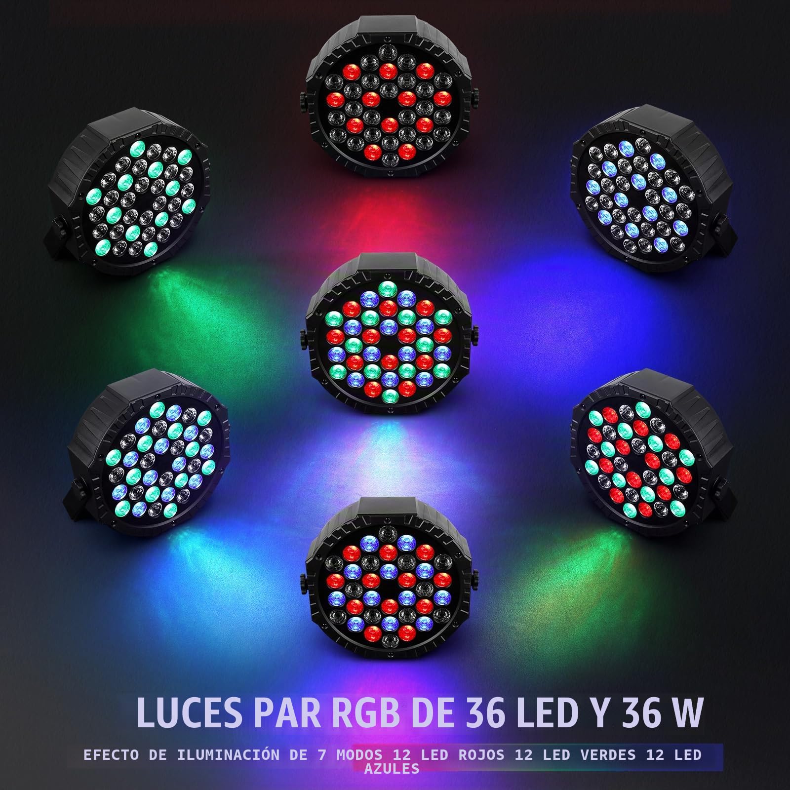 Paquete de 4 luces LED para escenario, 36 W, RGB DJ | con reproducción automática activada por sonido por control remoto y control DMX, luces ascendentes para, bodas, fiestas