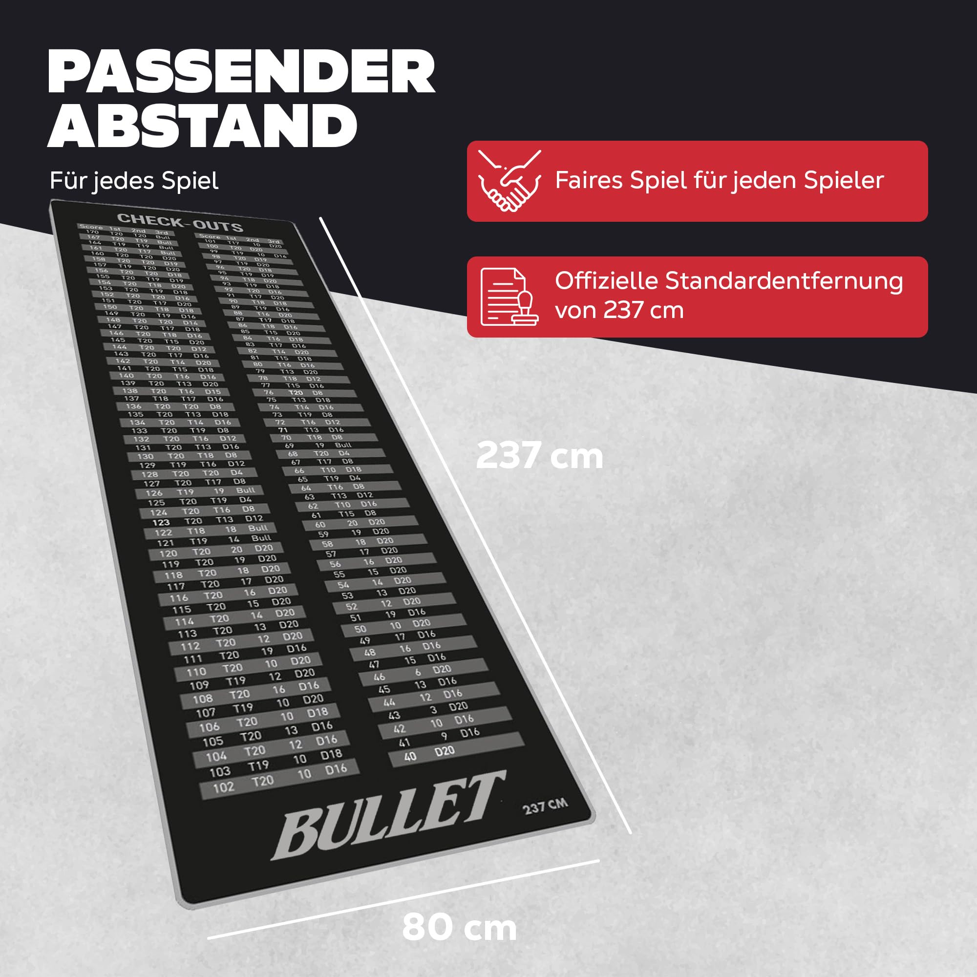 Professioneller Dartteppich - 237x80cm - Dart Zubehör für zu Hause, Büro, Kneipe, Partys - Dartmatte mit Turniermaßen Score Indikator und Oche - Darts Carpet zum Schutz des Bodens