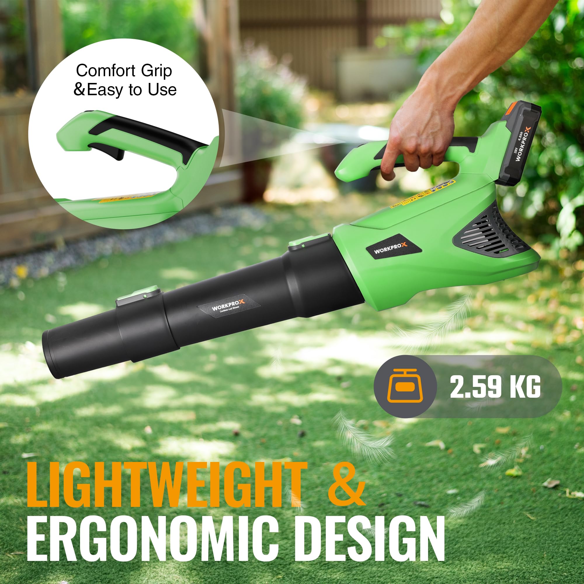 WORKPRO X akumulatorowa dmuchawa do liści 20 V 4,0 Ah, akumulatorowa dmuchawa z silnym strumieniem powietrza 144 km/h, pojemność 850 m³/h, sterowanie 5-biegowe, idealna do ogrodów, wjazdów, tarasów