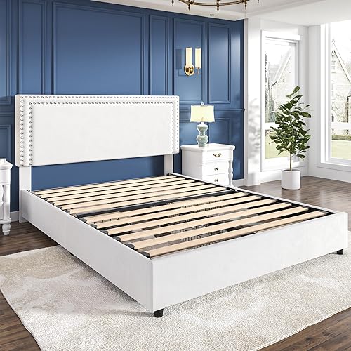 Miniatura 322 de VECELO Base de cama de tamaño matrimonial con cabecera tapizada ajustable, plataforma de listones de madera, diseño sin ruido, fácil montaje Negro
