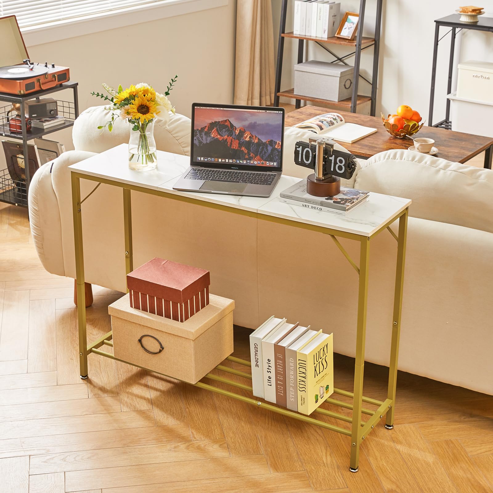 YMYNY Table Console, Table d’Entrée, Bout de Canapé, Table Console Étroite avec Étagères, Table de Présentation, Pieds Réglables, pour Salon, Entrée, Couloir ‎107 x 30 x 78CM Blanc HST006W
