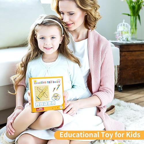 Miniatura 7 de Geoboard de madera, juguete Montessori, juguete gráfico de educación matemática para niños con tarjetas de patrón y bandas de goma para figuras y