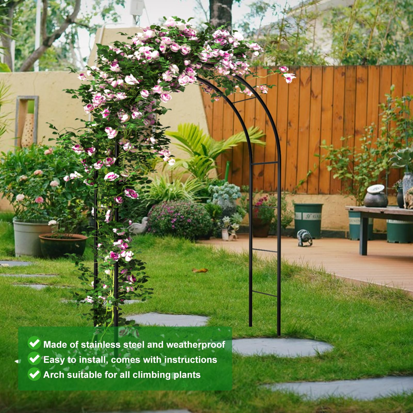 Arche pour plantes grimpantes et roses, arc en métal, pour porte de jardin, treillis en acier revêtu par poudre, résistant aux intempéries, 240 x 140 x 38 cm