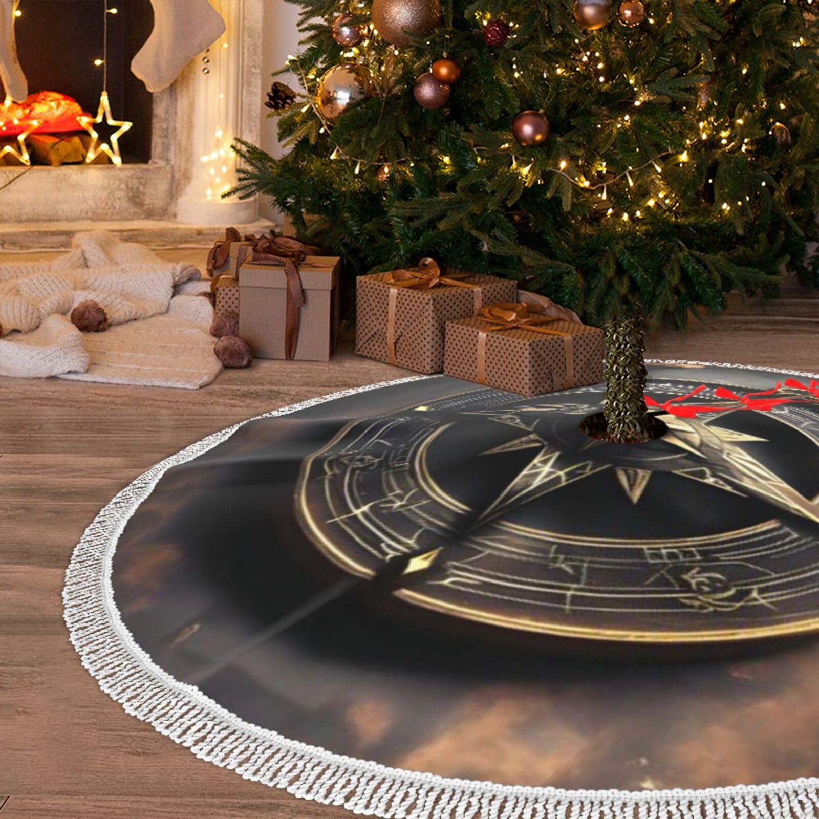 Jupe de sapin de Noël grand format 121,9 cm tapis imperméable rustique à pompons et runes