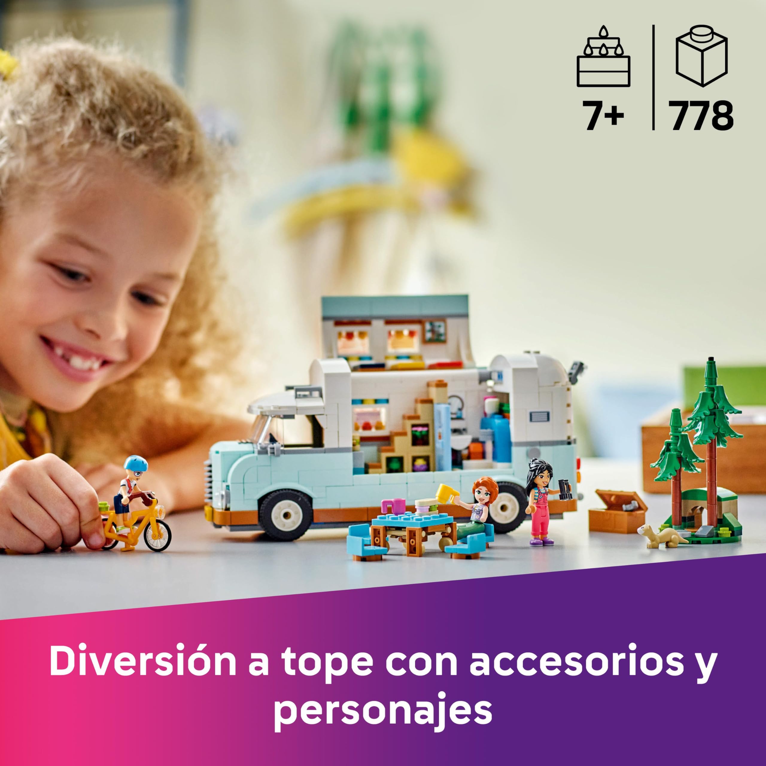 LEGO Friends Aventura en la Caravana de la Amistad, Autocaravana de Juguete con 3 Mini Muñecos, Figura de Hurón, Regalo para Niñas de 7 Años o Más, Furgoneta Camper, Prismáticos y Más Accesorios 42663