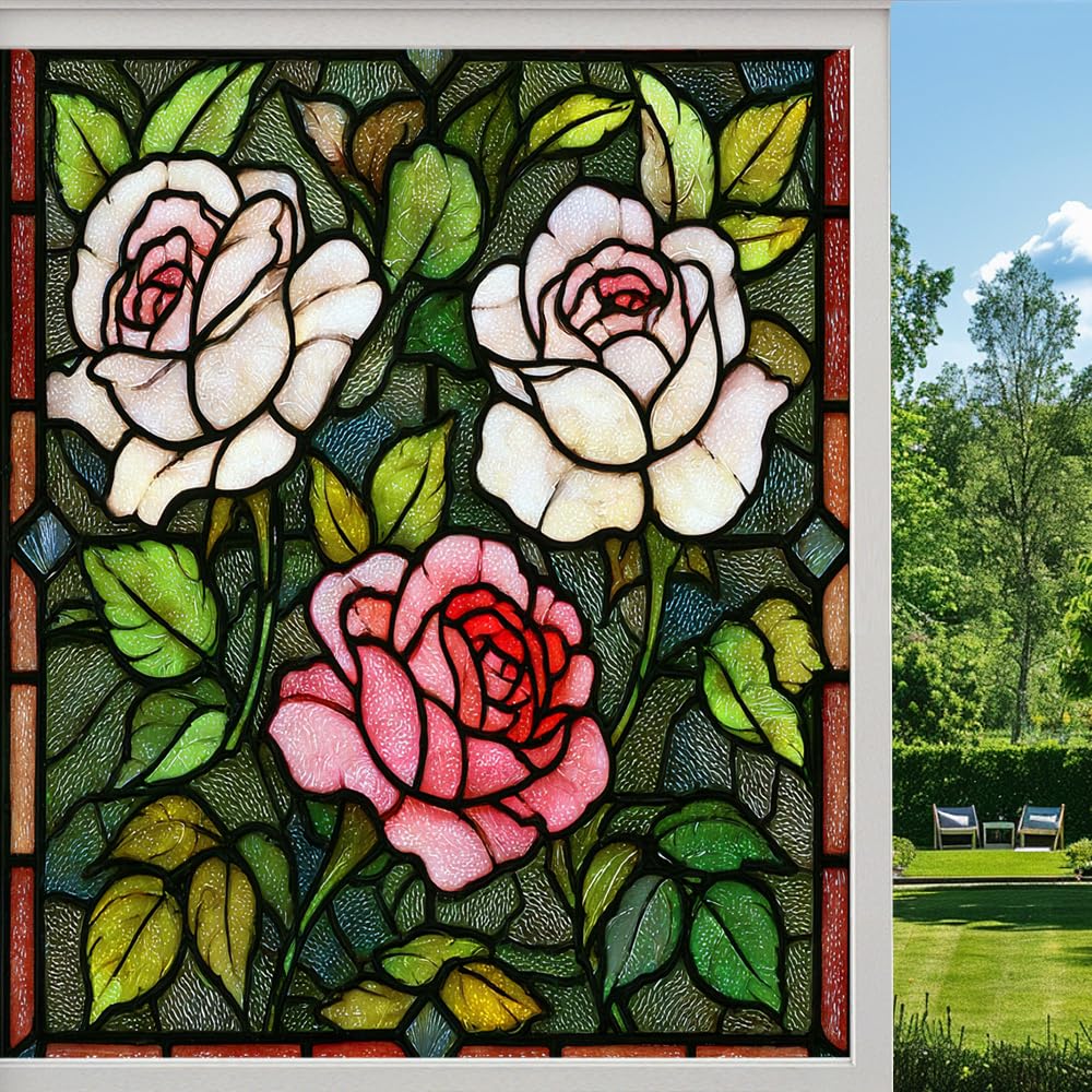 Natural Rose Frosted Window Film, Colorful Flower Green Leaf Stained Glass Privacy Film, Heat Insulation Self-Adhesive Vinyl for Bathroom Office, （45x60cm）
