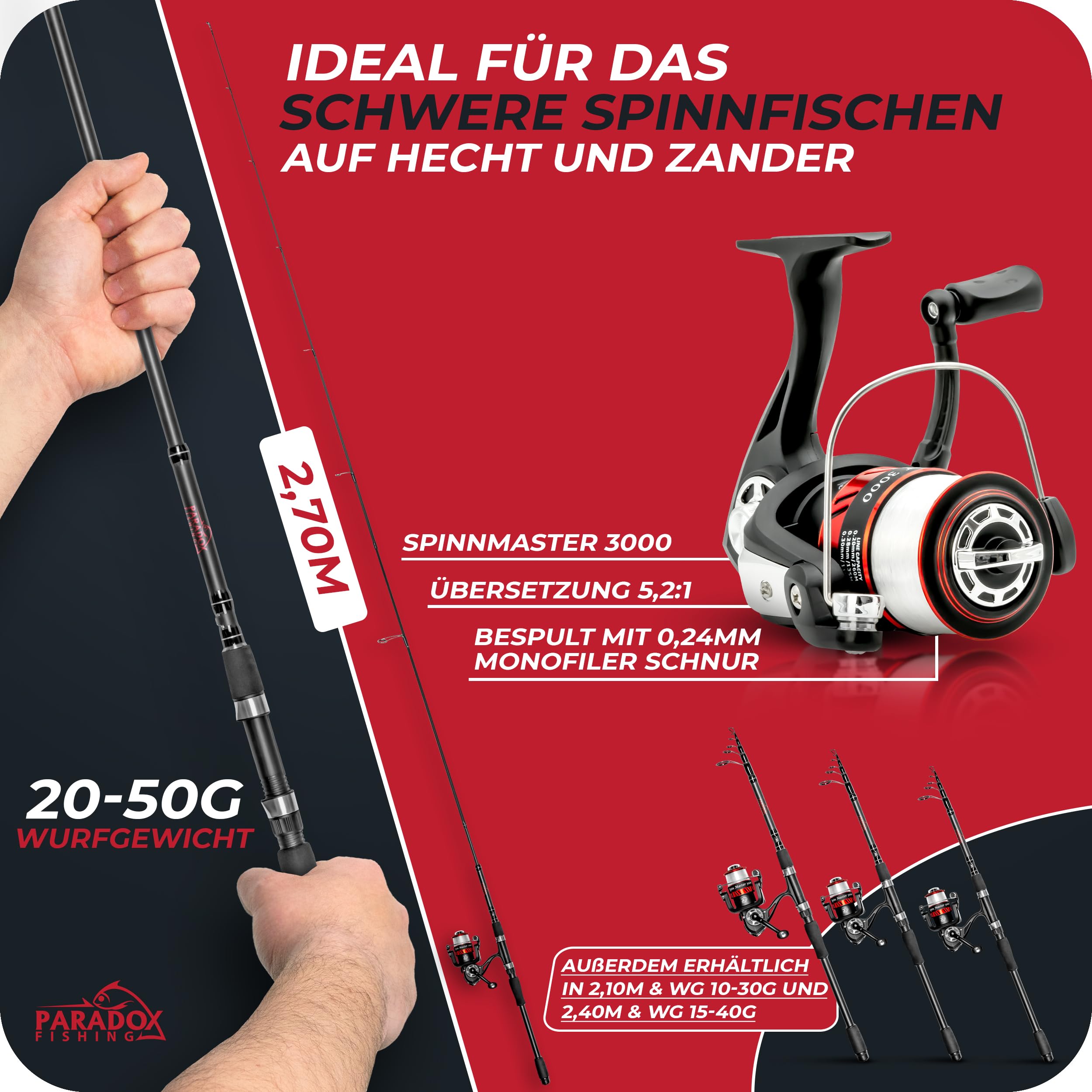 Paradox Fishing Angelruten Set zum Spinnfischen 2,1m/2,4m/2,7m I Teleskop-Rute mit Rolle, Ködern, Angelzubehör und Angel-Tasche I Angel Set – Angel-Set komplett