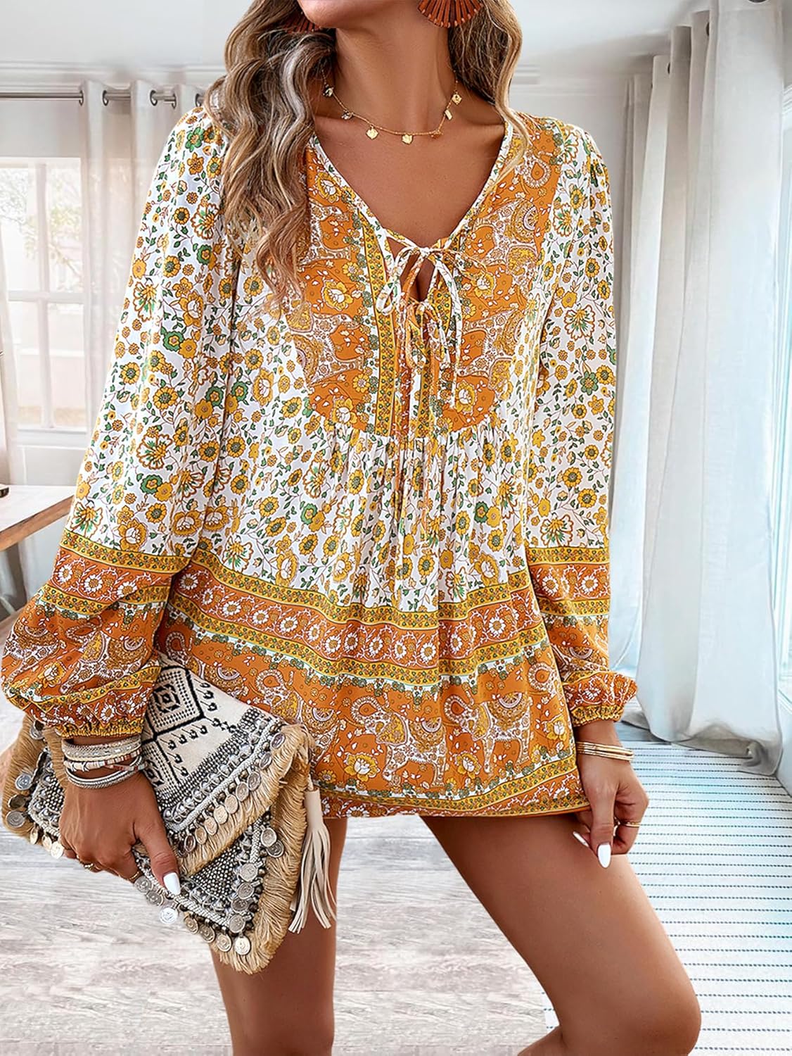 Women's Casual Floral Print V Neck Top Loose Boho Long Sleeve Beach Shirts Blouses - Image 2