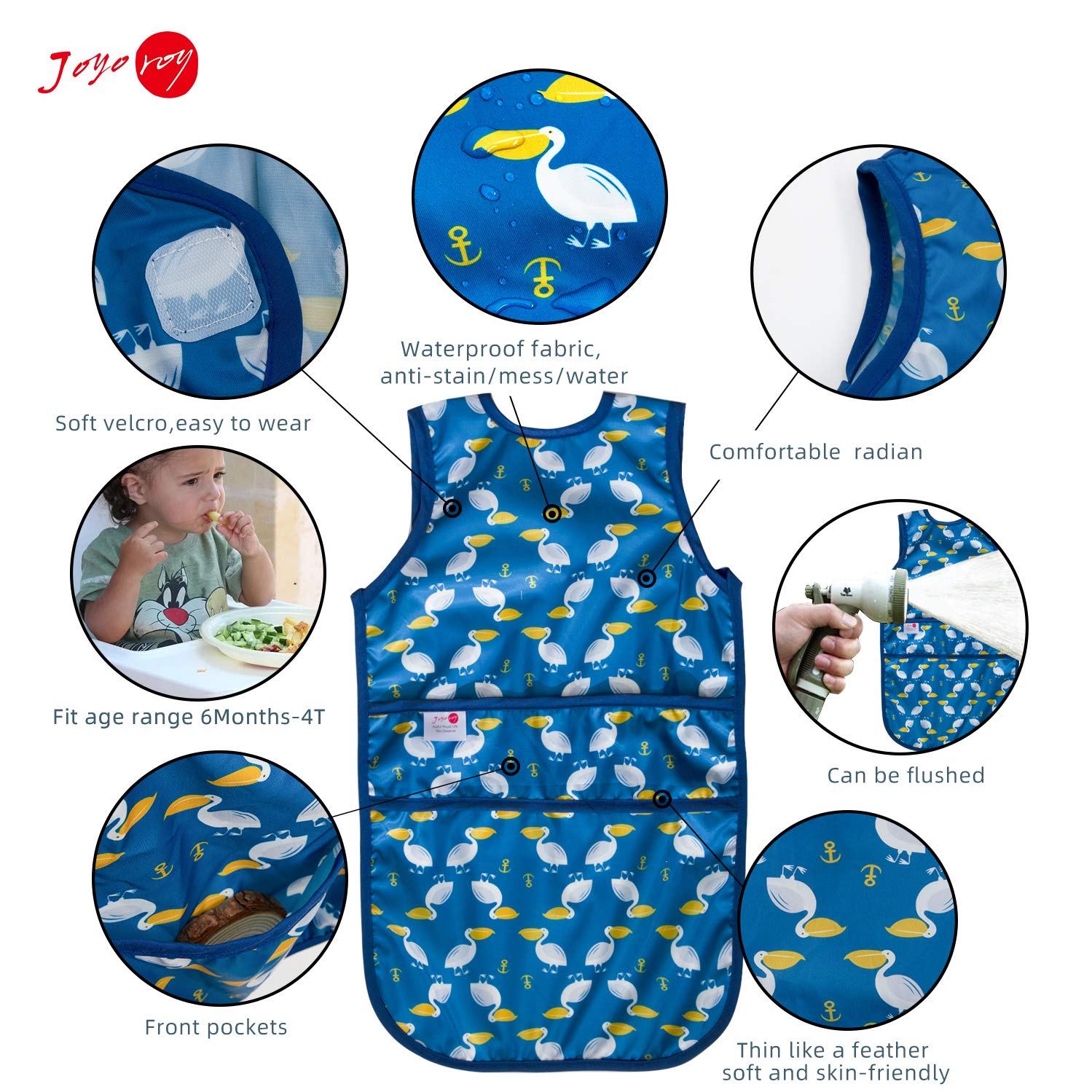 Joyo roy Mess Proof Baby Bibs for Eating Waterproof Toddler Bibs for Boys 2-4 Years Soft Machine Washable Sleeveless Baby Smock Bib Travel Reusable Led Weaning Apron for Feeding Bib with Food Catcher - Image 2