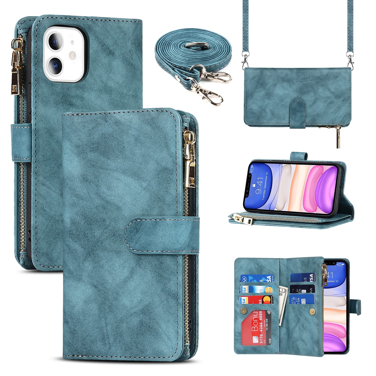 SailorTechLeather Case Crossbody Case for iPhone 11 Flip Case Folio Cover with Card Slots Magnetic Buckle Zipper Wallet Case with Adjustable Necklace Strap Lanyard Cases Blue
