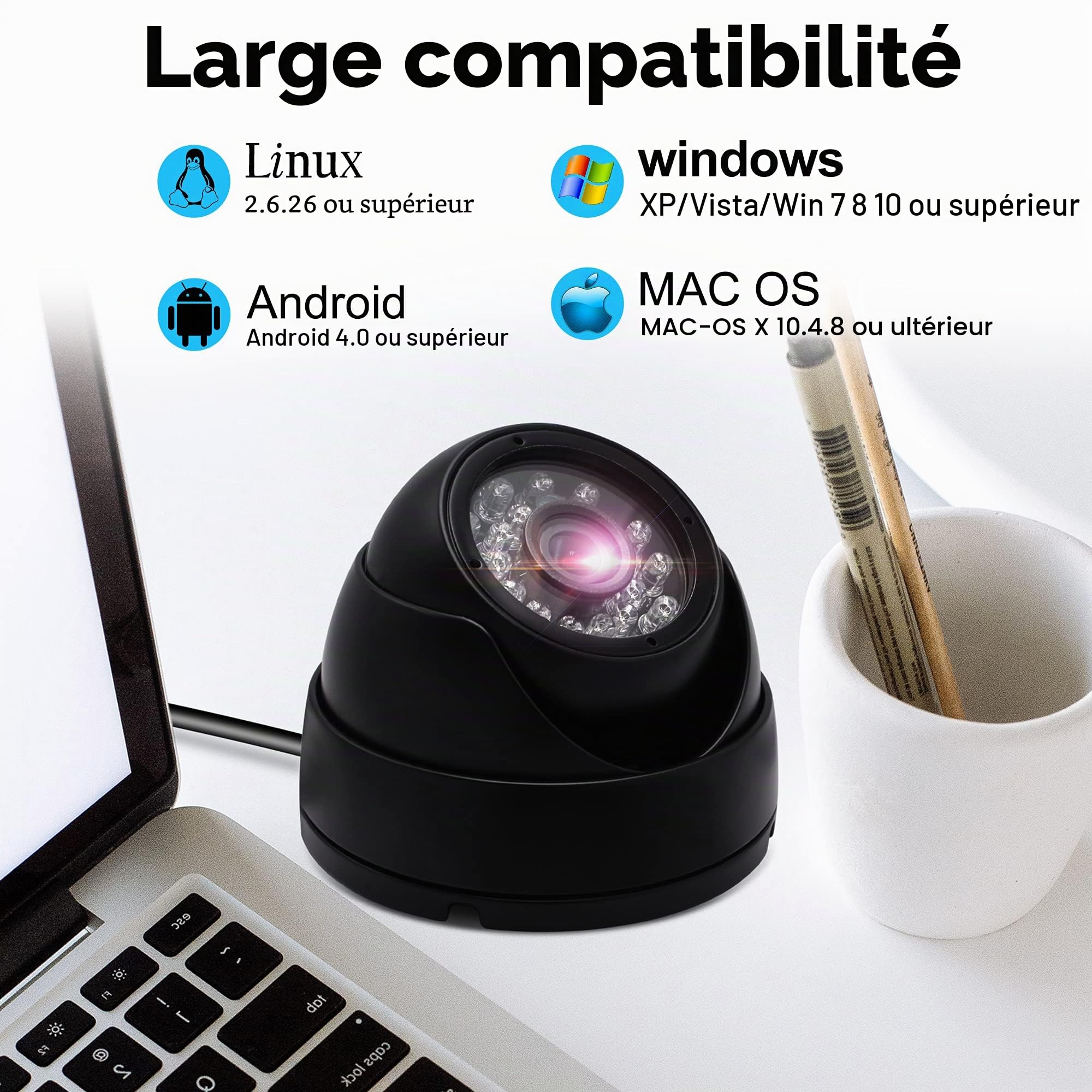 ELP Caméra dôme USB étanche 720p pour intérieur et extérieur avec vision de jour et de nuit avec LED infrarouge, caméra de surveillance USB avec objectif de 3,6 mm