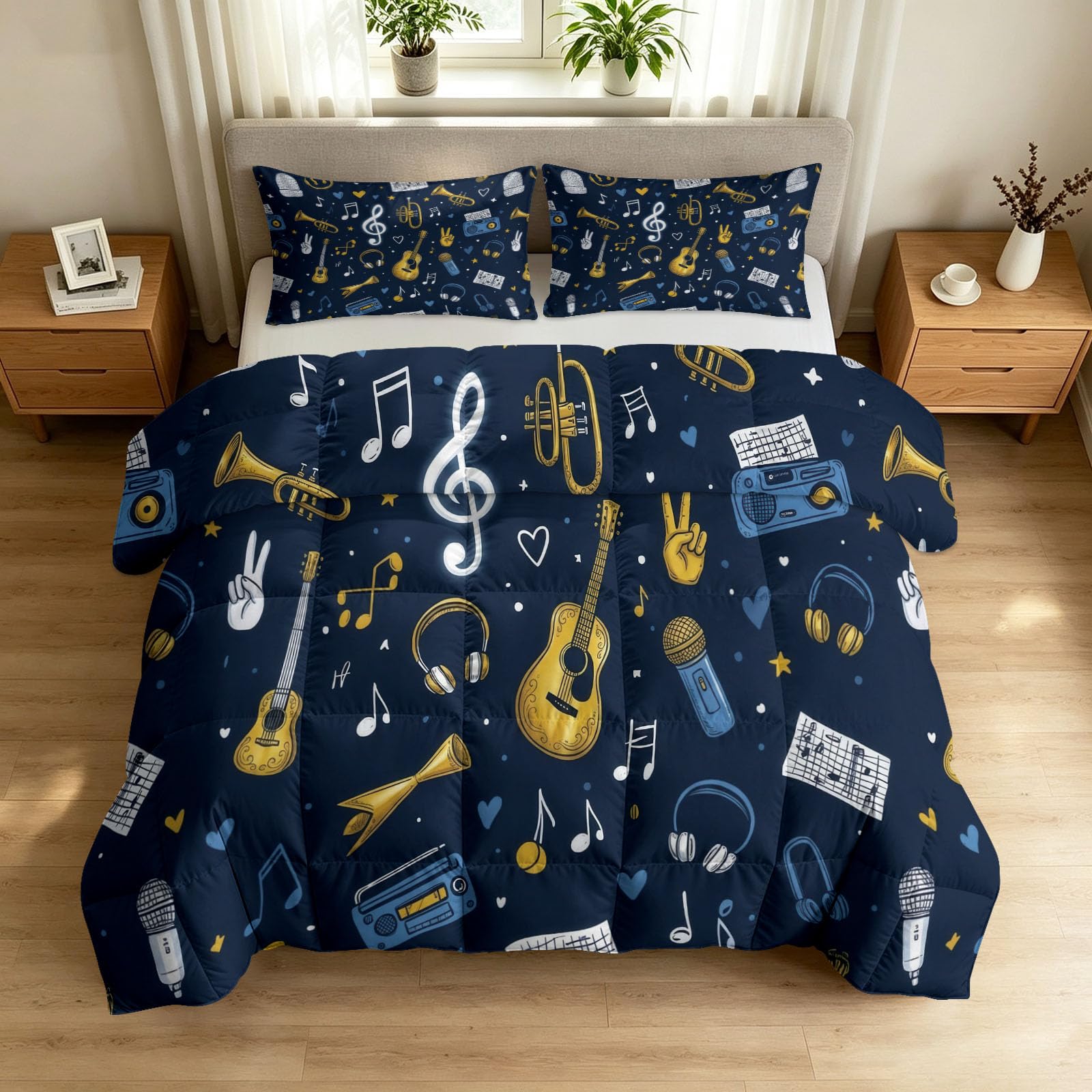Générique Kołdra 220 x 240 cm Gitara Nuty Graffiti 2 osoby, kołdra 4 pory roku Instrument w stylu vintage, odwracalna bez poszewek z 2 poszewkami na poduszki, można prać w pralce
