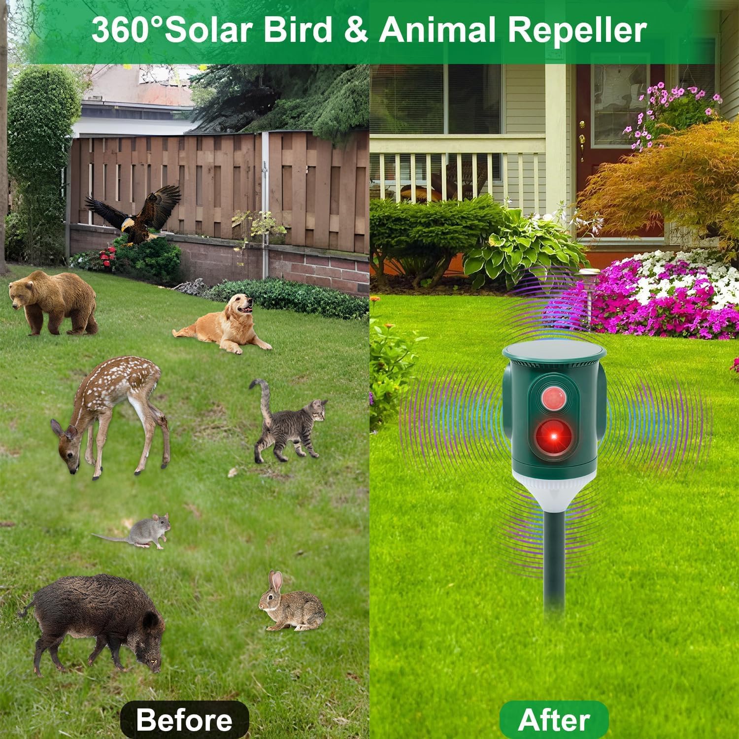 2X Solar-Ultraschall-Tiervertreiber 360° mit Blitzlicht, bewegungsaktiviert,wasserdichter Gartenschutz gegen Katzen,Hunde,Eichhörnchen,Waschbären,Stinktiere,Kaninchen und Kojoten