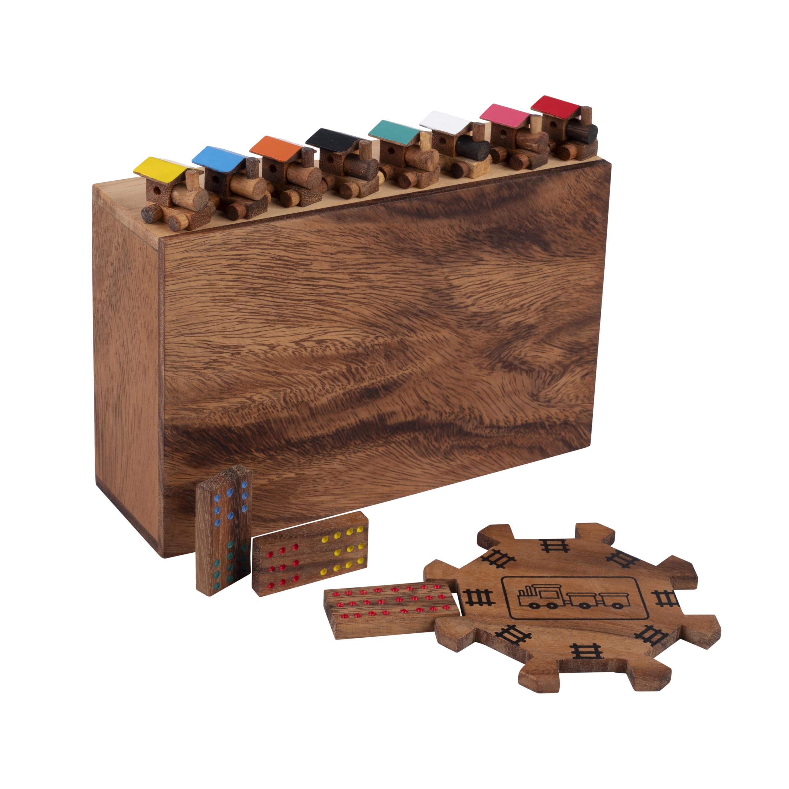 Engelhart Mexican Train Domino Doppel 12 aus Holz – 91 Spielsteine mit 8 Lokomotiven und 1 Bahnhof – Holzbox – Strategisches Familienspiel – Ab 6 Jahren – 22 x 15 x 7 cm – Spielregeln 350373
