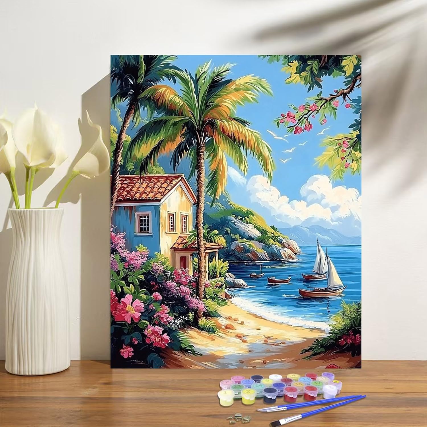 obterie Beach Paint by Numbers Kit for Adults Beginner Scenery Oil Painting Kit Adult Paint by Number Kits on Canvas DIY Painting for Beginners Art by Numbers for Gifts Home Wall Decor 16x20 Inch YF040