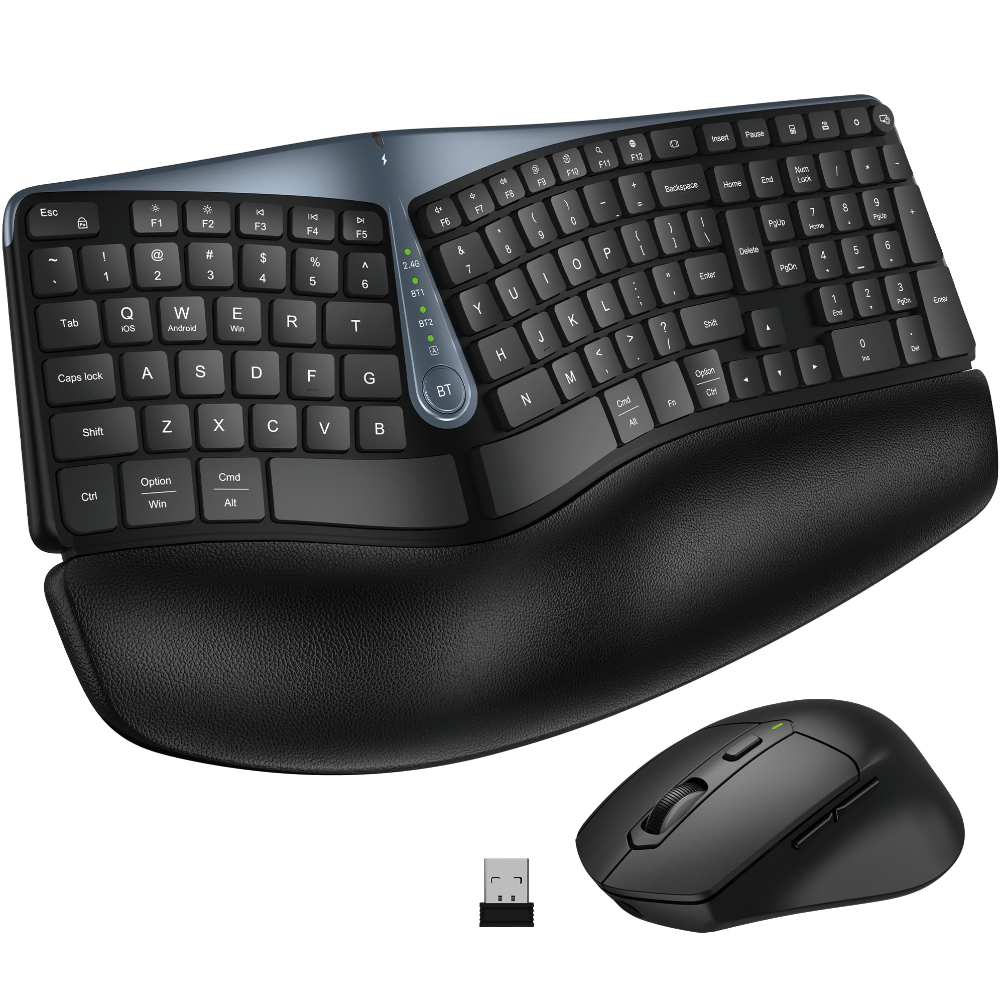 Ergonomic Wireless Keyboard Mouse Combo, MK835 Wave Keys Bluetooth/2.4G Split Design Ergo Keyboard with Cushioned Palm Rest, Multi-Device, Rechargeable, for Multi-OS, Windows/Mac/Android
