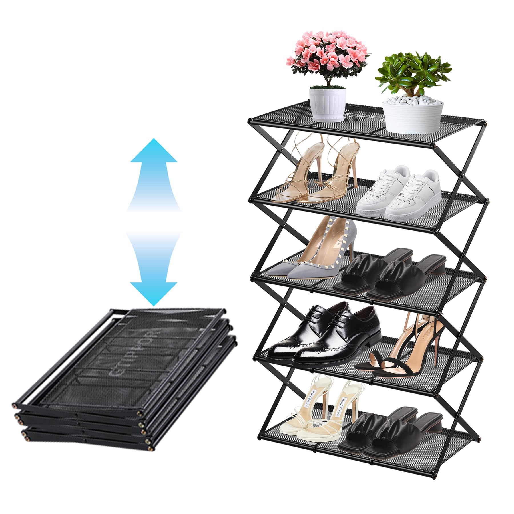 GTIPPOR Shoe Rack for Entryway 5 Tier Foldable Shoe Rack Without Assembly Collapsible Metal Shoe Organizer Folding Shoe Storage Rack for Door, Living