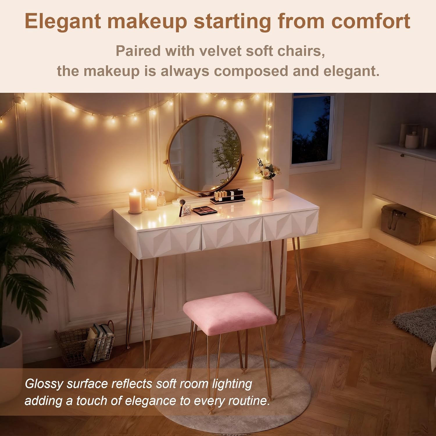 Furnistar Vanity Desk with Mirror and Chair Set, Makeup Vanity Desk for Women, Elegant White Vanity with 3 Drawers, Easy Assembly Makeup Table for Bedroom