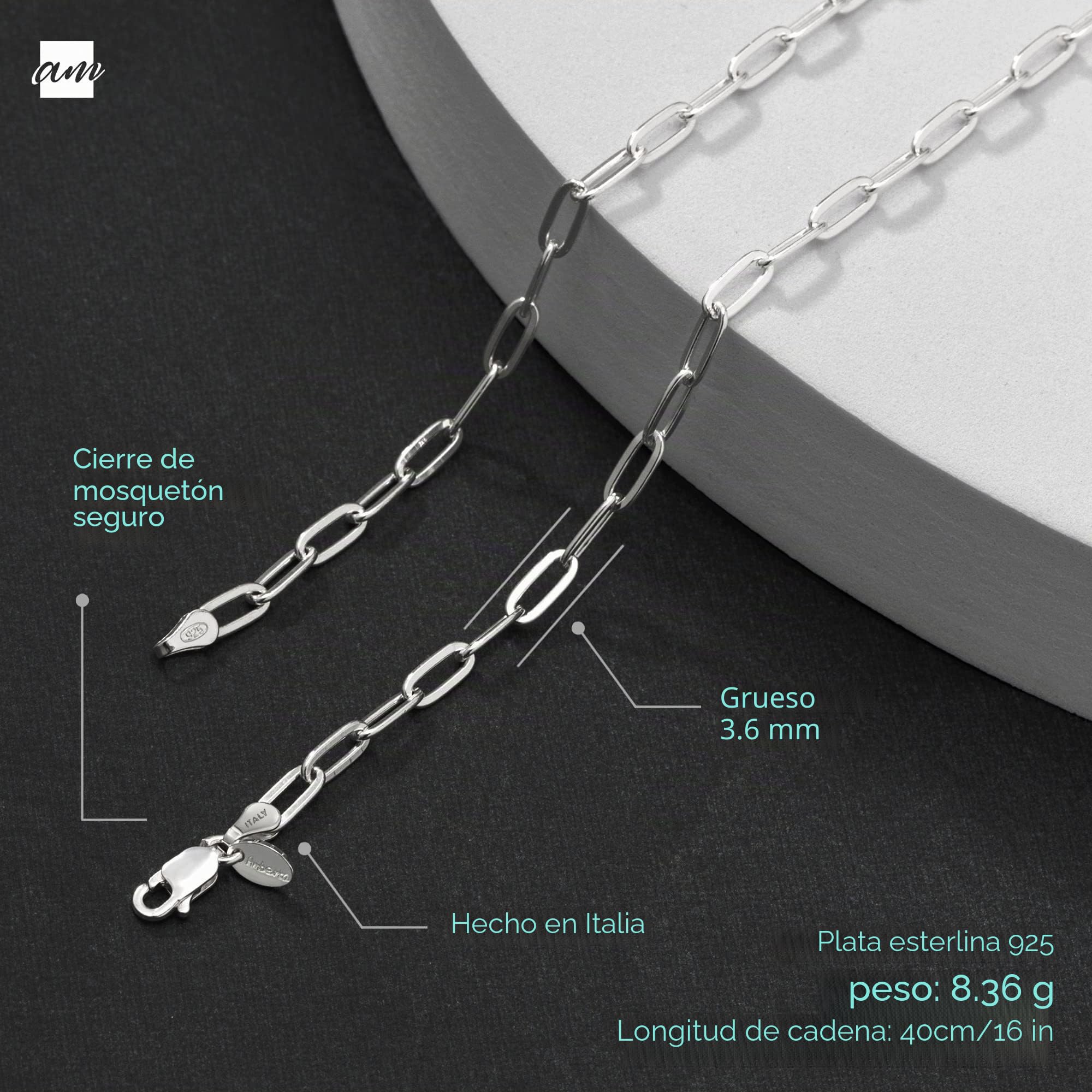 Amberta - Collar con eslabones de clip de plata de ley 925 para mujer