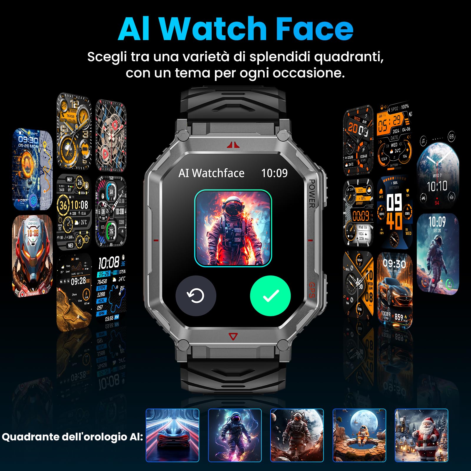 Orologio intelligente militare per uomini con GPS/bussola, assistente vocale GPT, display HD 2.01", chiamate Bluetooth, tracker fitness con modalità, compatibile con Android e iOS (Nero)
