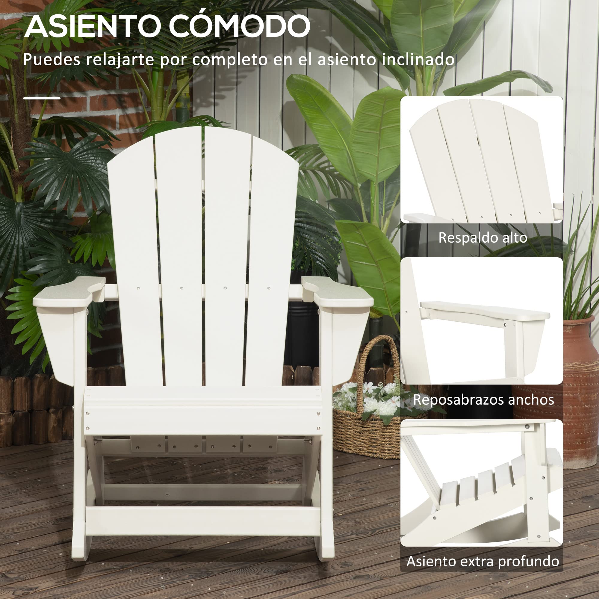 Outsunny Silla Mecedora de Jardín Mecedora para Exterior de Estilo Adirondack de HDPE para Balcón Terraza Patio Carga 120 kg 73,5x93x91,5 cm Blanco