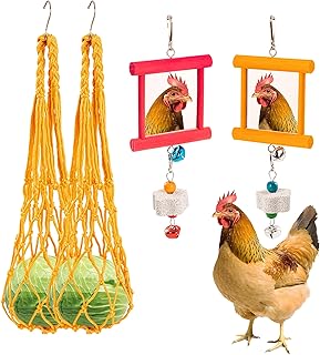 6 PCS Chicken Toys for Coop, Chicken Mirror Toys Hanging Vegetable Fruits Feeders and Beak Grinding Molar Stones with Bell for Hen Birds Parrots