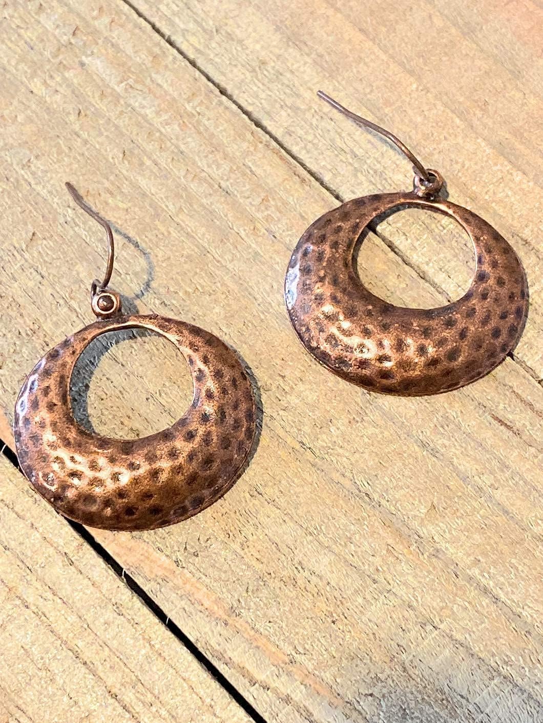 Hammered Hoop Copper Dangle Earrings Boho Bohemian