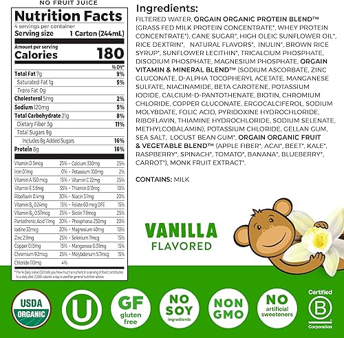 Miniatura 2 de Orgain Organic Kids Batido nutricional de proteínas, sabor vainilla, refrigerio para niños con 0.28 onzas de proteína láctea, 22 vitaminas y